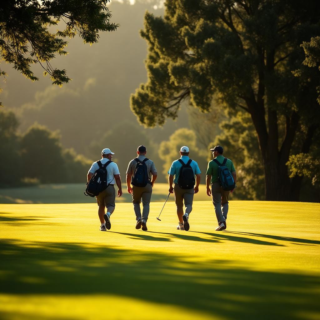 Five golfers lined up at the tee box on a sunny course.